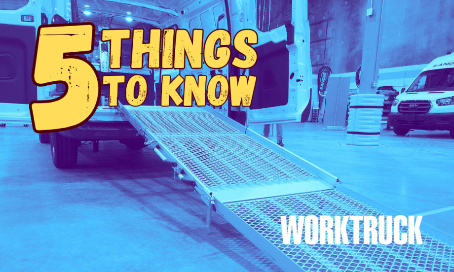 Blue tinted image of a ramp extending out of a cargo van, yellow test saying 5 Things to Know.
