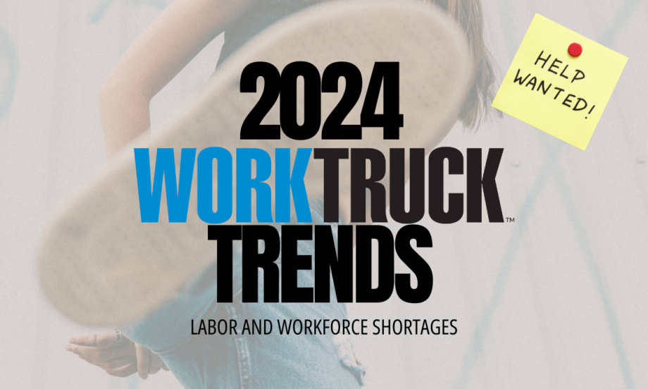 Millennial stomping on 2024 Work Truck Trends with Help Wanted post it