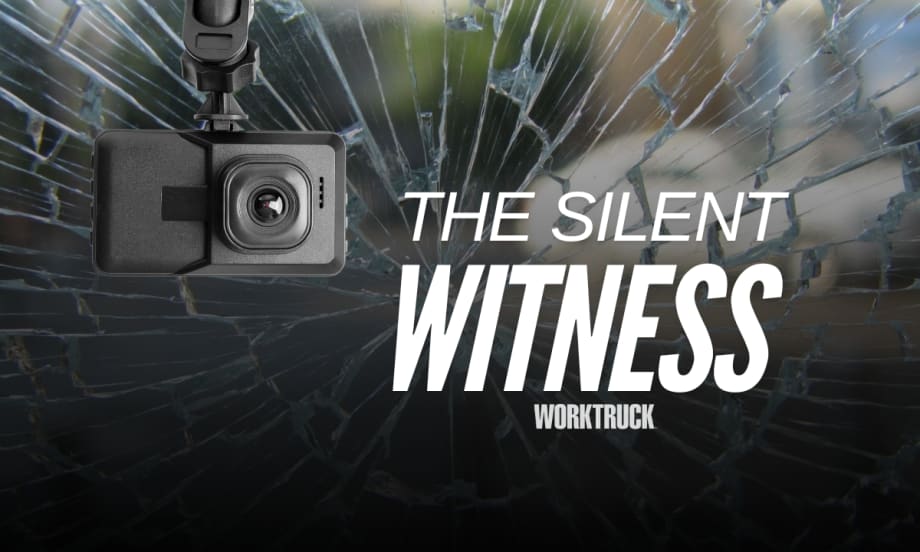 Broken glass with a dashcam and the words: The Silent Witness, Work Truck