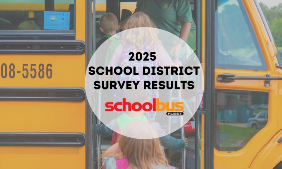 Students boarding a yellow school bus with text overlay: 2025 School District Survey Results