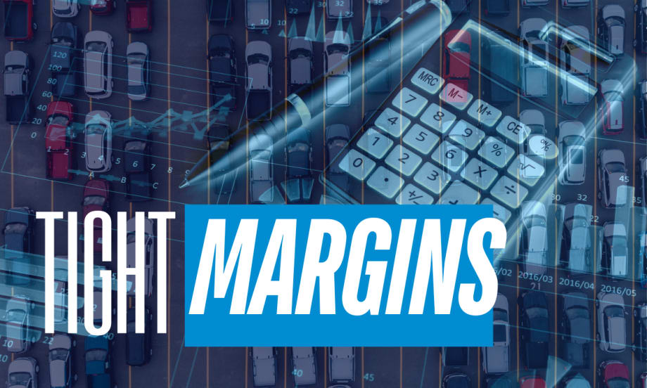 Aerial view of a crowded parking lot with financial graphics, calculator, and pen overlayed, illustrating tight fleet margins and cost pressure.