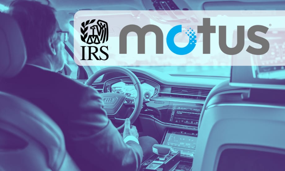 background image of person driving car with graphic logos for IRS and Motus.
