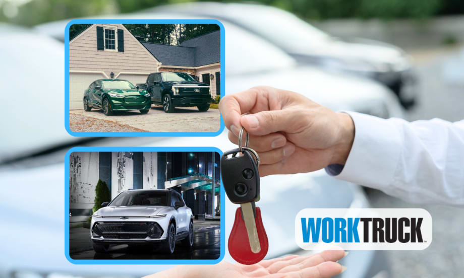 IImage of salesperson handing car keys to a buyer, inset photos of new cars.