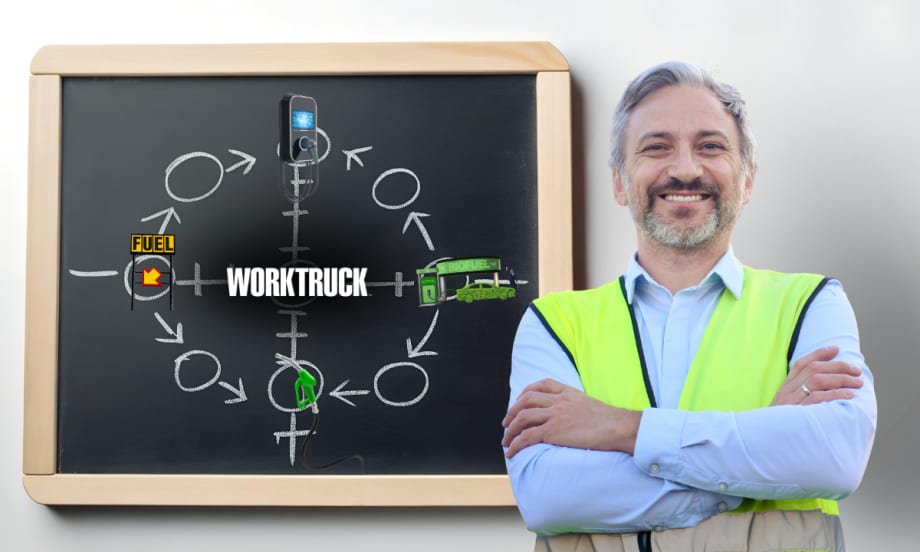 Work Truck image of a fleet leader in a safety vest beside a chalkboard diagram showing fuel, EV charging, and biofuel paths, representing a flexible powertrain playbook for fleet planning in 2026.