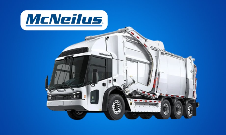 White refuse truck against blue background with company name, McNeilus, inset.