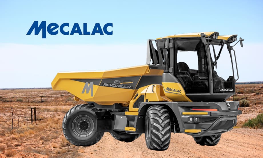 Yellow jobsite dump truck against a dirt road background.