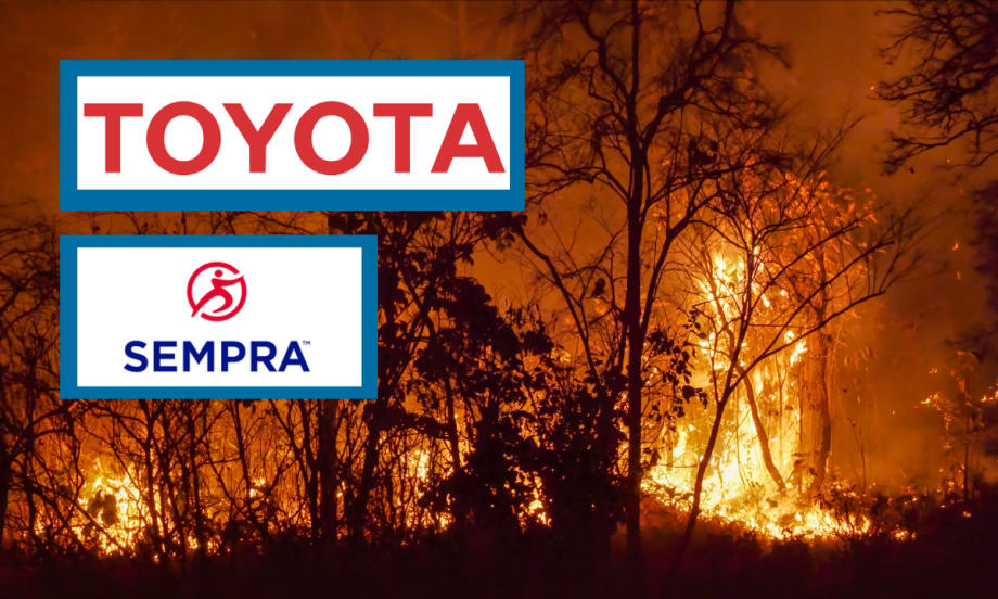 image of wildfire with logo for Toyota and Sempra