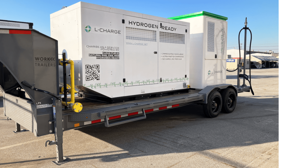Mobile EV charging trailer powered by natural gas generator parked in a lot.