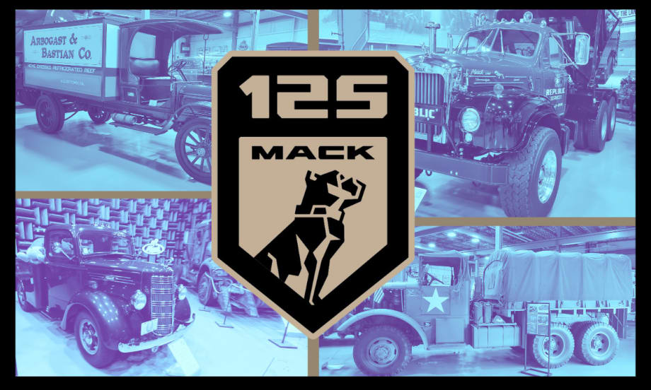 Mack Trucks logo to commemorate 125 years against background photos of historic Mack trucks.