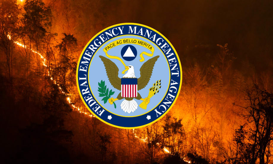 FEMA seal with background of a wildfire
