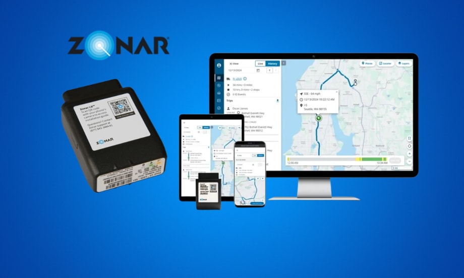 Image of telematics control unit and computer, tablet, and phone screens against a blue background with logo for Zonar.