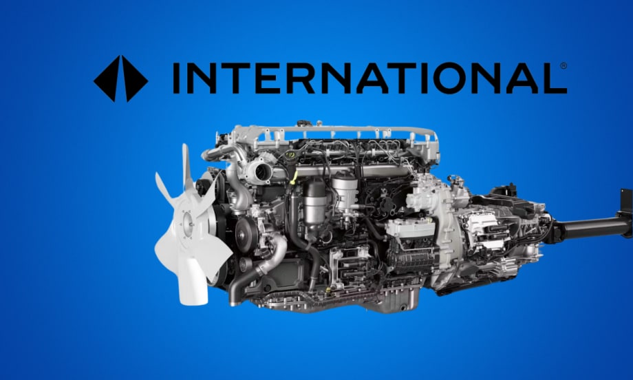 blue background behind image of engine and powertrain, with logo overhead for International.