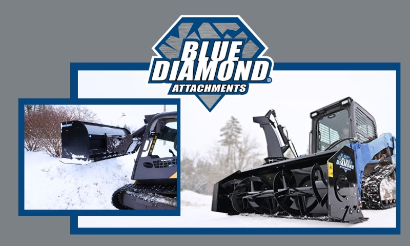 Photo of a snow blower on a skid steer, another snow pusher bucket, and a logo for Blue Diamond Attachments.