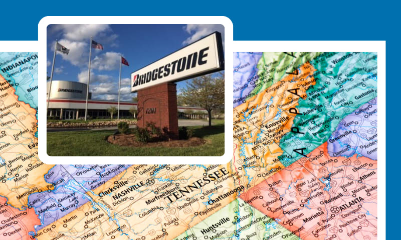 Photo of a Bridgestone manufacturing plan in front of a map of Tennessee.