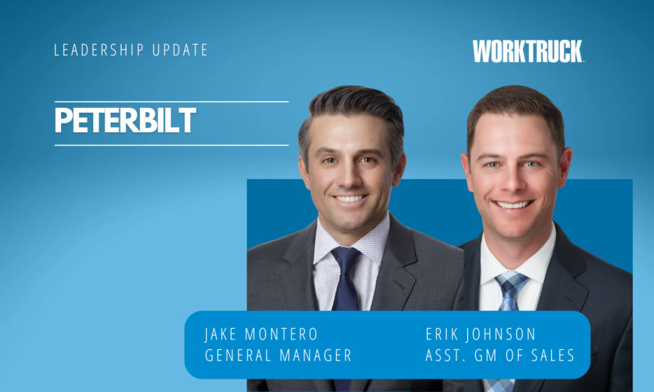 two men in business attire against a blue background and large white letters that say Peterbilt