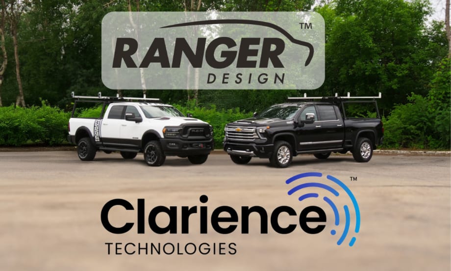 Two work trucks with ladder racks parked, with logo for Ranger Design above and logo for Clarience Technologies below.