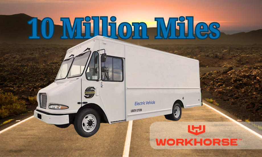 White electric step van against a desert highway sunset with blue lettering 10 Million Miles at top and Workhorse company logo at bottom.