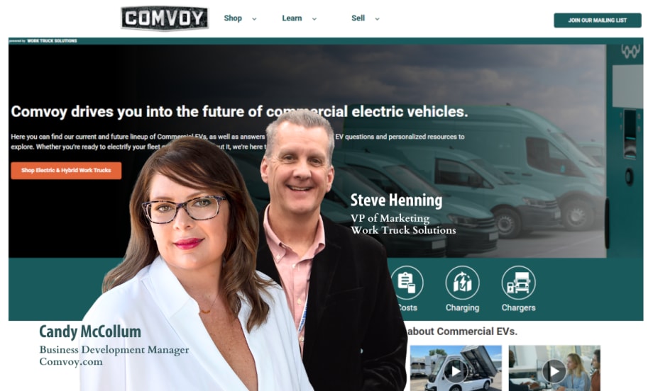 Woman and man in business attire against background of a web page screenshot of Comvoy.com.
