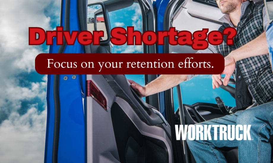 Background image of a driver exiting a truck and headlines that ask, Driver Shortage? and Or A Retention Problem?