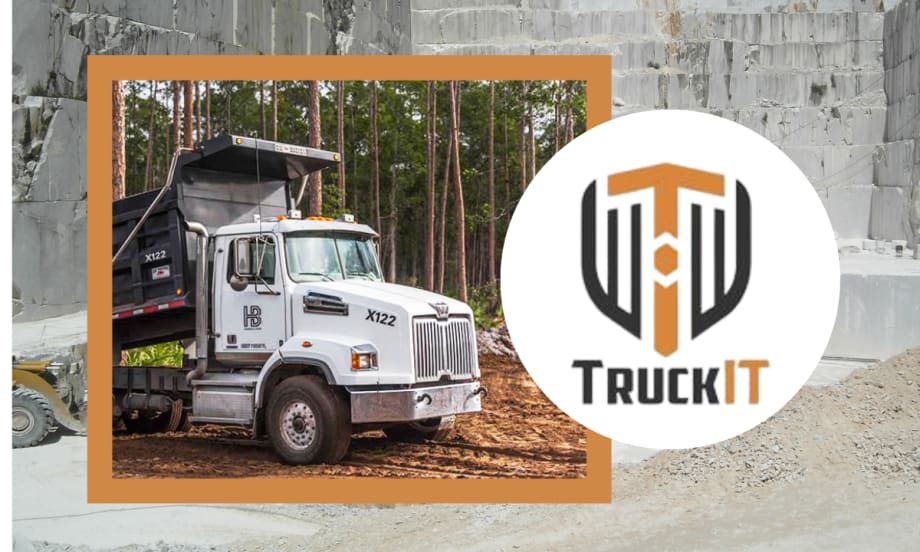 Background quarry image with inset photo of a dump truck and inset logo for TruckIt.