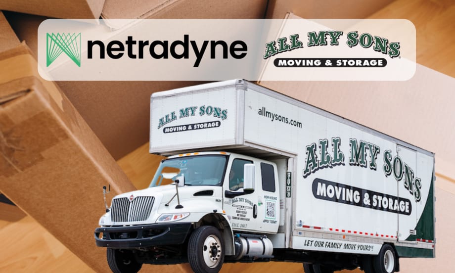 Moving truck positioned in front of background image of moving boxes and company logos inset for Netradyne and All My Sons Moving & Storage.