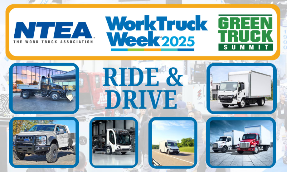 Collage of truck and van photos and logos for NTEA, Work Truck Week, and Green Truck Summit.