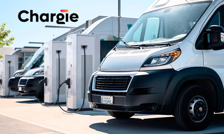 White electric vans plugged in for charging, company logo for Chargie in the upper left of the image.
