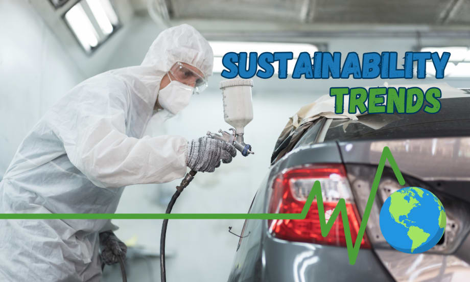 Automotive paint technician spraying paint onto a vehicle with words Sustainability Trends.