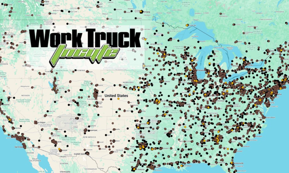 Map of the US with lots of location dots on the map and logo for Work Truck Incyte.