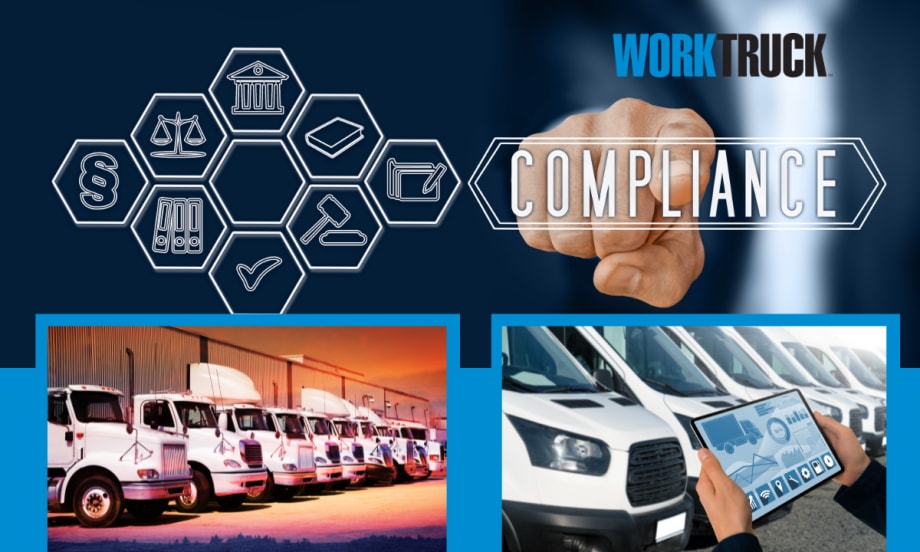 Photo illustration of man touching screen with words compliance and inset photos of fleet vehicles.
