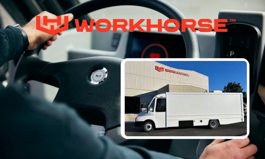Interior image of hands on steering wheel of a truck and inset image of a white step van.