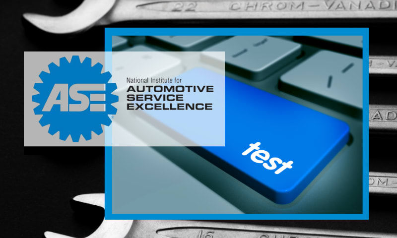 Close-up image of a blue keyboard button with the word test and inset logo for ASE.