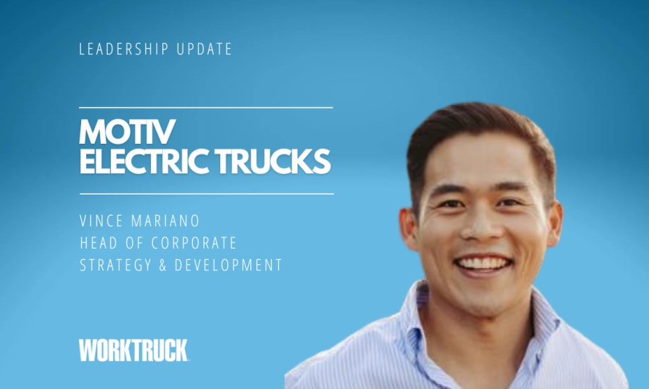 Businessman against a blue background with words that say Motiv Electric Trucks.