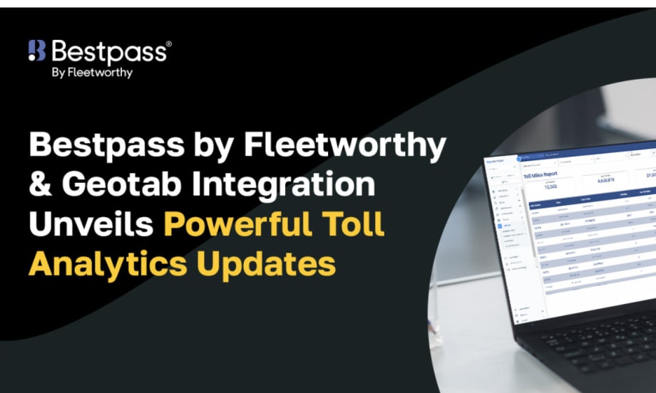 Black and gray background with computer screen on right and wording that says Bestpass by Fleetworthy & Geotab integation.