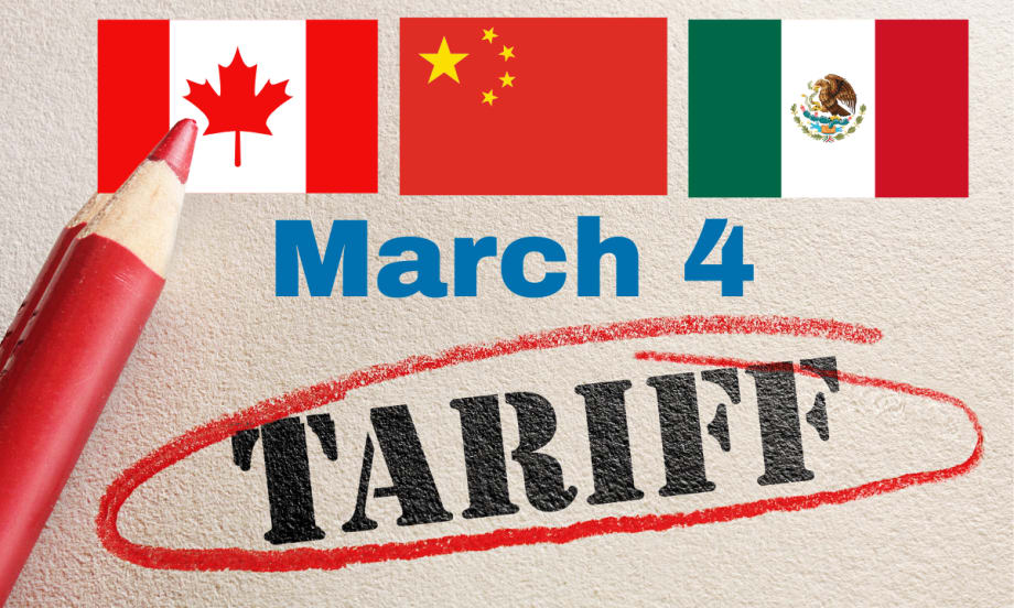 Image that shows the work Tariff, circled in red pencil, with red pencil to left side, flags of Canada, China, and Mexico at the top. In the center, in blue, is date of March 4.