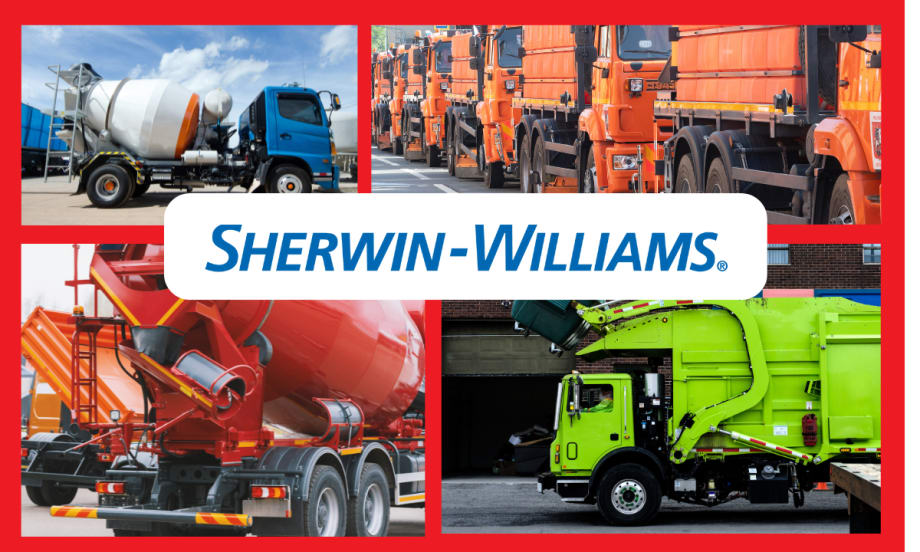 collection of brightly colored vocational trucks and logo for Sherwin-Williams.