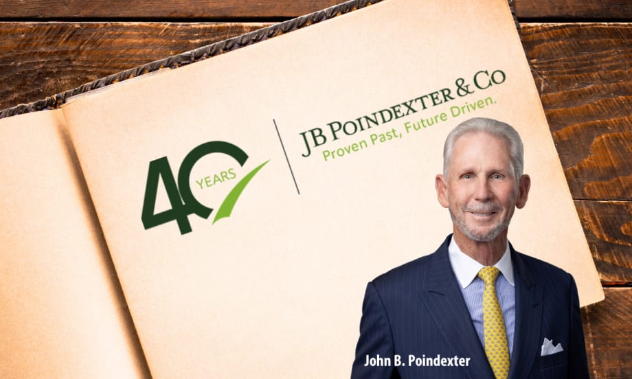 open book with text for 40th anniversary of a company and inset photo of the founder.