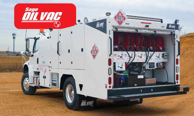 White service truck parked on dirt lot and logo against a red background for Safe Oil Vac.