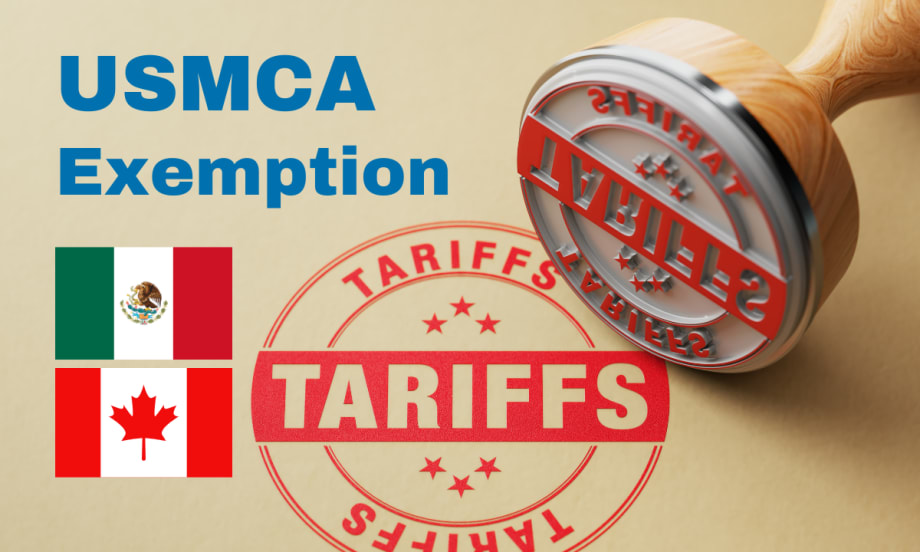 Photo of a stamp and a tariffs imprint stamped onto brown paper, inset flags for Canada and Mexico, and words USMCA Excemption.