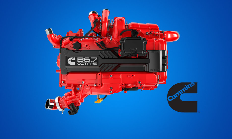 Red gasoline engine viewed from the side set against a blue background and a logo for Cummins.