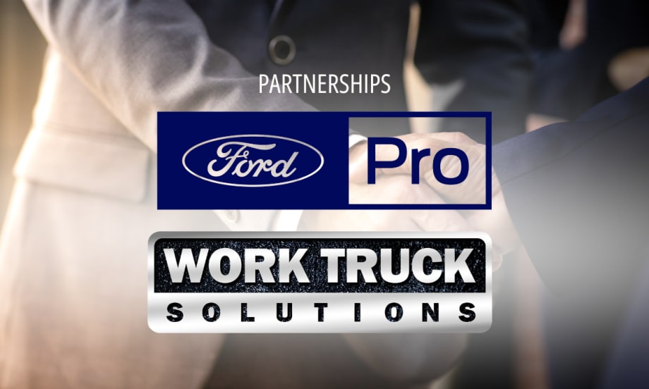 Logos for Ford Pro and Work Truck Solutions against a background image of a handshake.