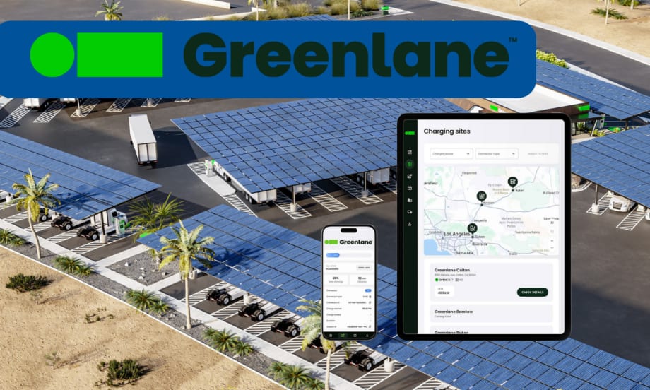 App data displayed on a phone and tablet set against a background of an image representing how an EV charging station will look, with Greenlane logo across top of image.
