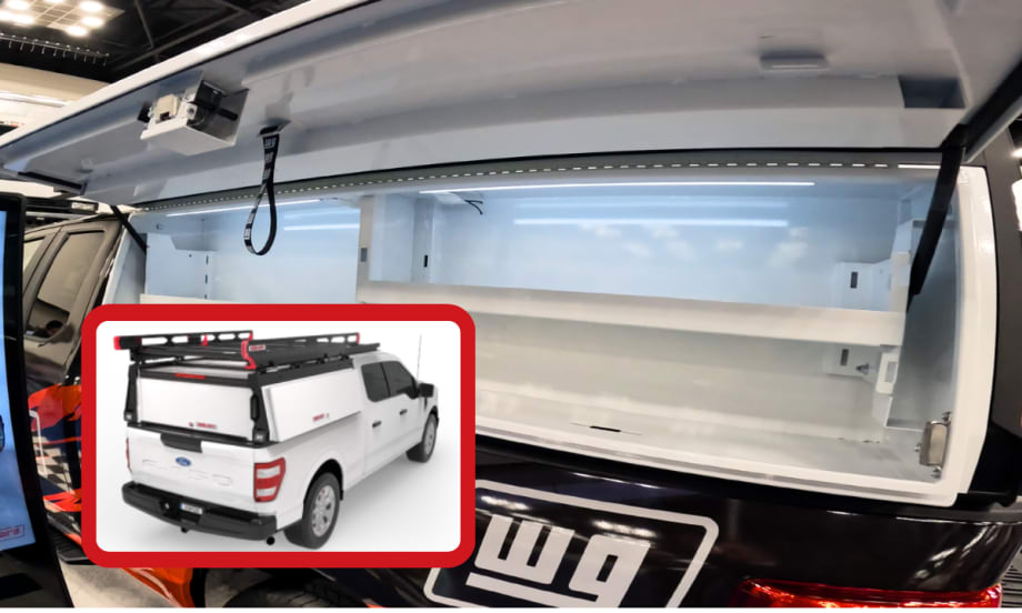 Side view of shelving in a cap on a pickup truck, with inset artist's rendering of the entire cap.