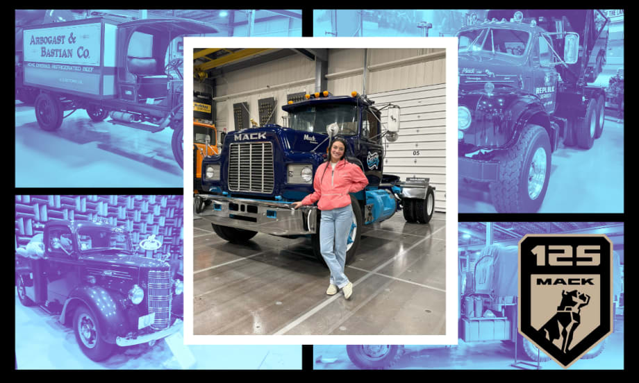 Woman standing in front of a blue Mack truck set against a background collage of other historic trucks.