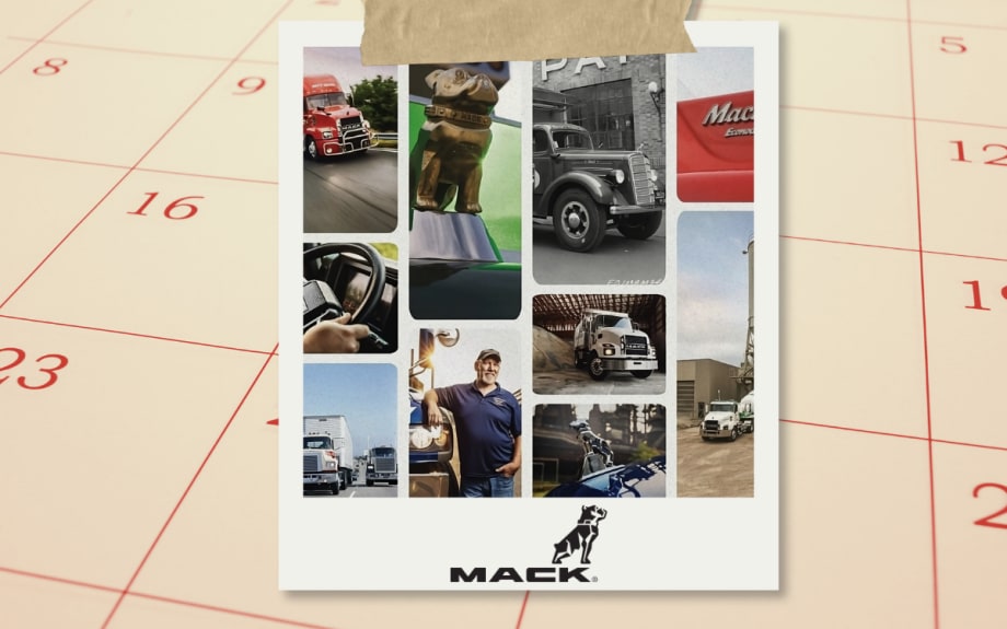 Collage of Mack Trucks images set in front of a calendar background.