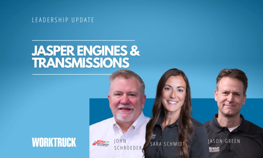Three business leaders, two men and one woman, against a blue background and company name of Jasper Engines & Transmissions.
