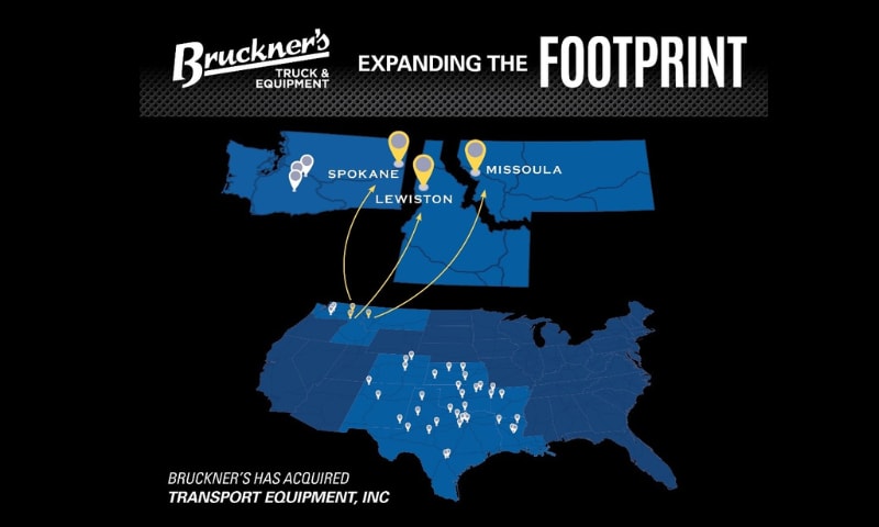 Black background with blue outlines of three states and a map of the US, with logo for Bruckner's and headline Expanding the Footprint.