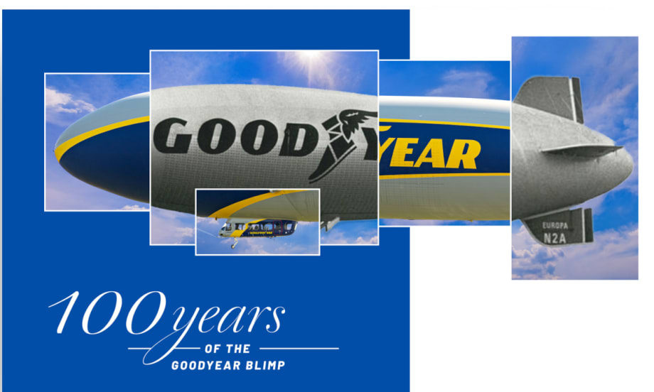 Good year blimp with text saying 100 years.