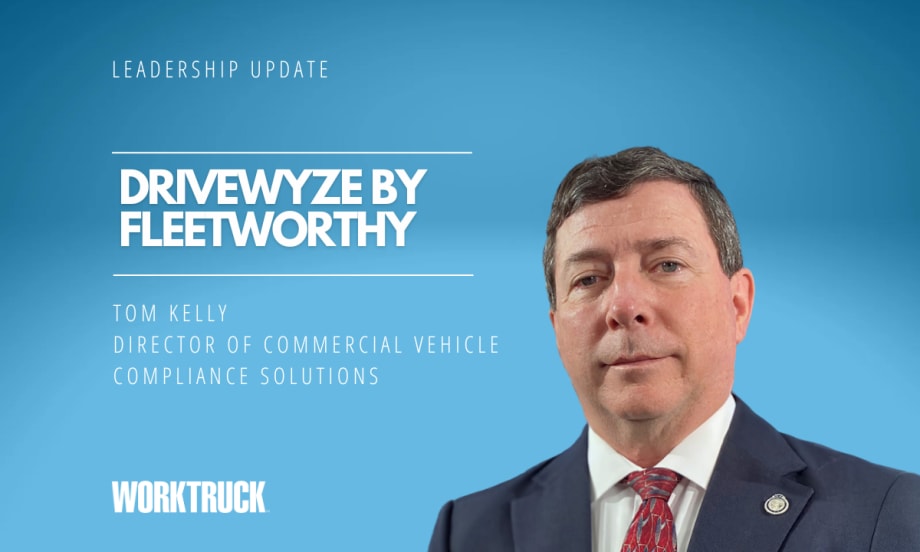 Man in business attire against a blue background with white text that says Drivewyze by Fleetworthy and his name, Tom Kelly.