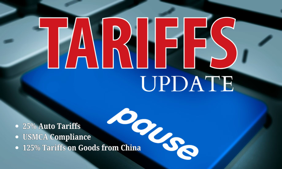 Closeup of computer keypad pause button in blue, red lettering for Tariffs and white lettering for update. Three bullet points in smaller white text.